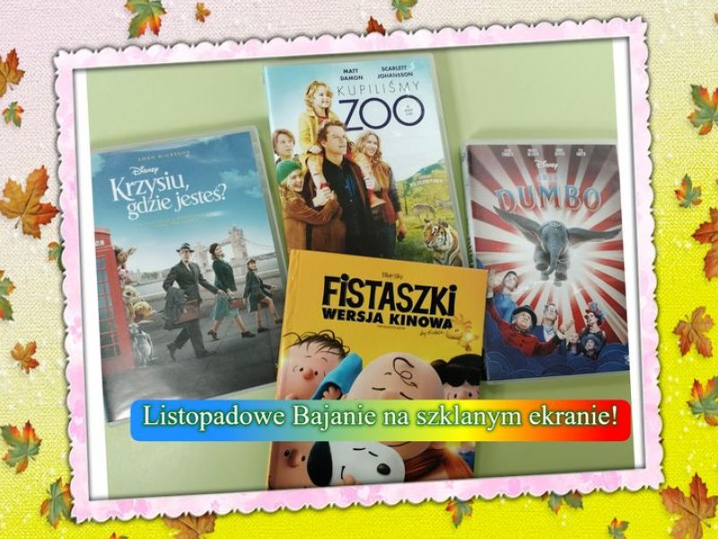 Na zdjęciu baner Bajania na szklanym ekranie w MBP. Na banerze filmy dvd z bajkami