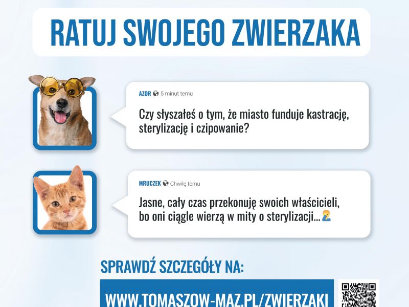 Plakat - Bez jaj! Ratuj swojego zwierzaka, informujący o bezpłatnej kastracji, sterylizacji i czipowaniu.
