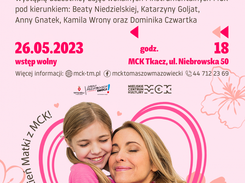 Na zdjęciu plakat zapowiadający koncert dla mam organizowany w Miejskim Centrum Kultury. Na plakacie szczęśliwa mama z córką, która daje jej prezent z okazji Dnia Matki 