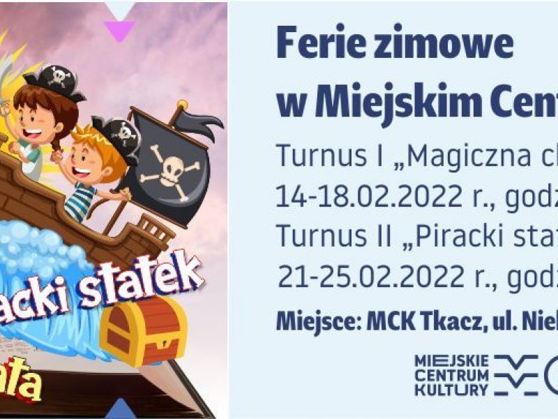 Na zdjęciu baner ferii w MCK. Na banerze postacie rysunkowe i grafika pirackiego statku