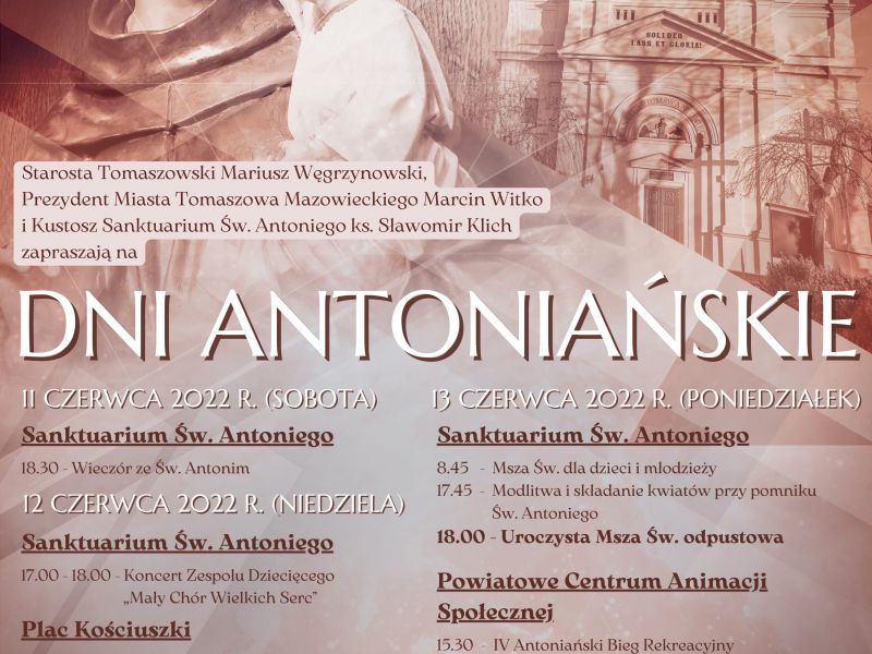 Na zdjęciu plakat Dni Antoniańskich. na plakacie fotografia rzeźby św. Antoniego oraz informacja tekstowa