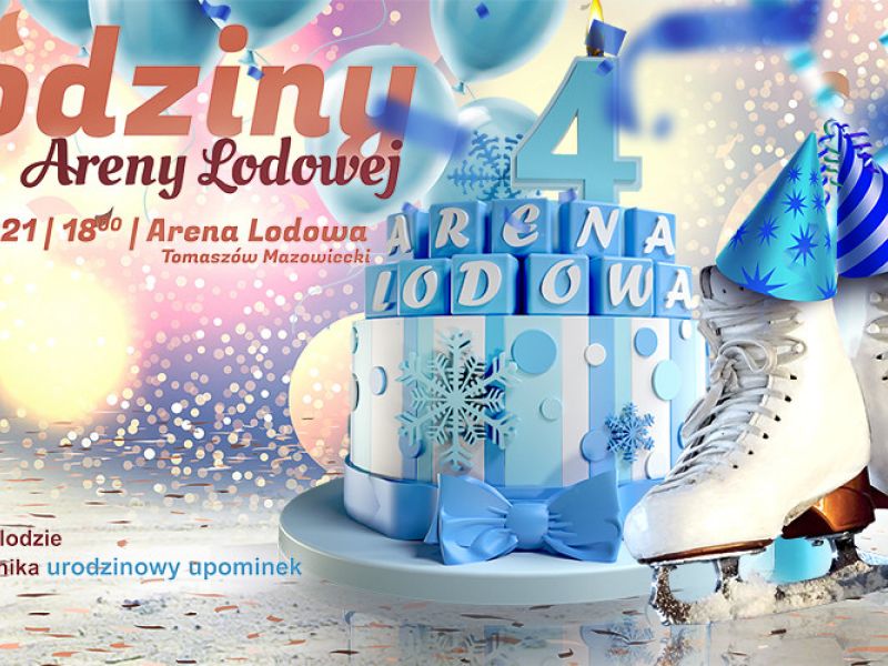 Na zdjęciu baner imprezy Urodziny Areny Lodowej. Na banerze para łyżew figurowych przybrana w urodzinowe czapeczki, tort lodowy, kolorowe światełka i bombki