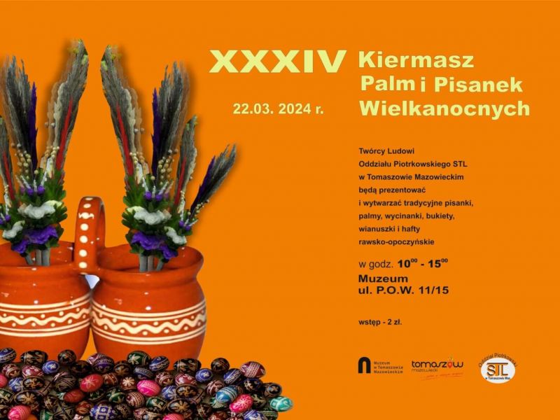 Na zdjęciu plakat kiermaszu Palm i Pisanek Wielkanocnych w Muzeum. na plakacie pisanki i palmy wielkanocne w glinianym dzbanie